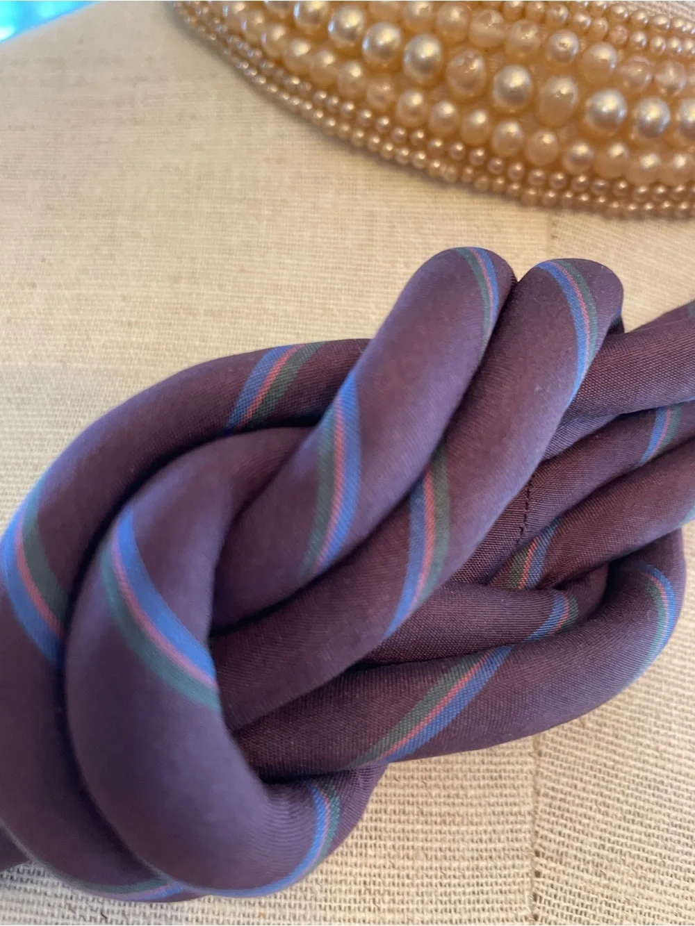 Vintage Twisted Knot Fabric Belt - Deep Burgundy with Subtle Stripes
